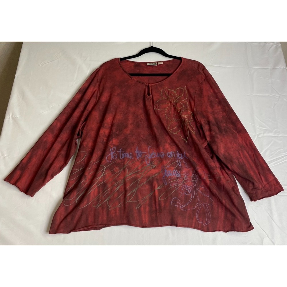 Sunset Cove Womens 2X Top Red Tie Dye Floral Embroidered Long Sleeve Keyhole Top